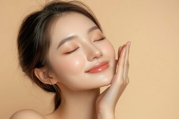 Skincare. Woman with beautiful face touching healthy facial skin portrait. Beautiful smiling Asian girl model with natural makeup enjoys glowing hydrated skin on beige with generative ai