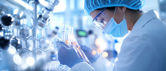 Scientist in a modern laboratory conducting research with test tubes and advanced equipment, highlighting innovation in medical science.