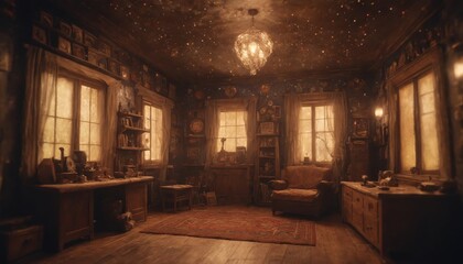 A golden hour glow in a rustic country cottage living room