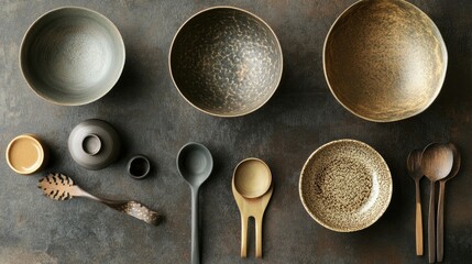 Rustic ceramic bowls and wooden spoons arranged on a dark textured background.