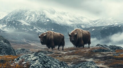 Two Yaks Standing on a Mountaintop with a Snowy Mountain in the Background