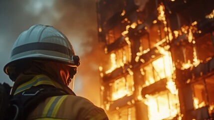 A brave firefighter stands against a burning building, showcasing courage and dedication in the face of danger.
