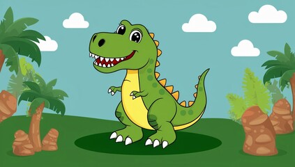 Cute green baby dinosaur cartoon character with big eyes and toothy grin