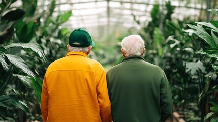 Two elderly men explore a lush greenhouse filled with vibrant plants, enjoying the beauty of nature together.