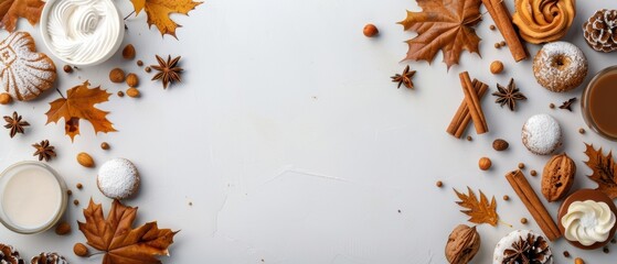 A cozy autumn scene with seasonal treats, spices, and leaves, perfect for capturing the essence of fall flavors and festivities.