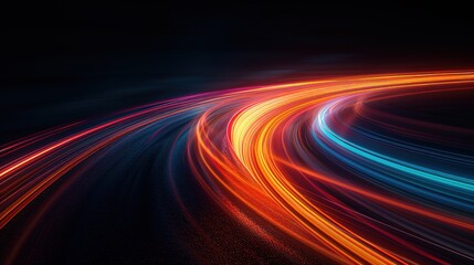 Abstract background with curved red, orange and blue light trails.