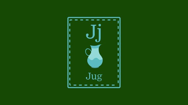 Letter j for jug 2d cartoon style card for little kids animation on green screen background