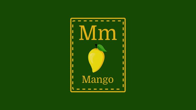 Letter m for mango 2d cartoon style card for little kids animation on green screen background