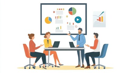 Obraz premium A business meeting with four colleagues discussing financial charts on a white board.