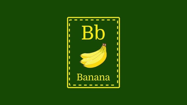 Letter b for banana 2d cartoon style card for little kids animation on green screen background