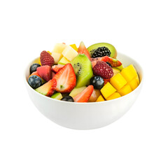 A bowl of colorful mixed fruit salad, showcasing fresh and healthy ingredients, on a transparent background.