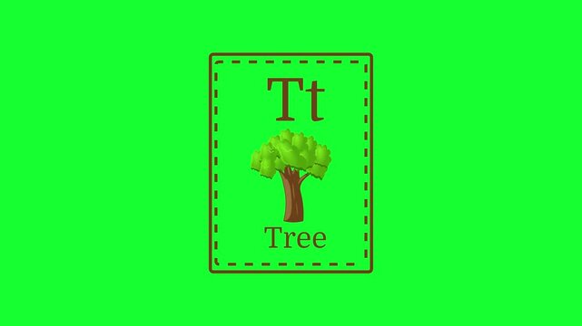 Letter t for tree 2d cartoon style card for little kids animation on green screen background