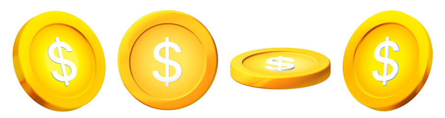 3d dollar golden coins illustration assets. Isolated and rotating angles with transparent background.