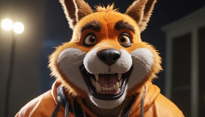 A cheerful orange furry creature wearing a cap and backpack smiles brightly in a well-lit room