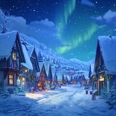 Fototapeta premium Enchanted Winter Wonderland: anime-styleSnow City and Northern Lights Create a Christmas Fantasy for the 2025 Holiday Season,Anime-Style,illustration,Picture BooksFor Poster,Novel,UI,WEB,Game,Design