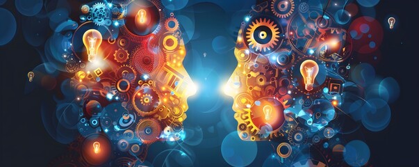 Two Intertwined Human Silhouettes Made of Gears and Light Bulbs