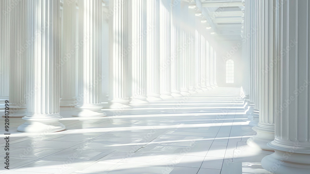 Poster a long row of white columns in a brightly lit room with a window at the end, casting long shadows on