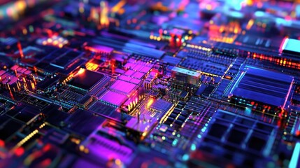 Obraz premium Abstract close-up of a circuit board with glowing lights.