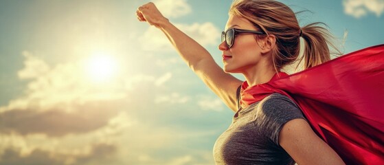 Empowered woman in sunglasses and a red cape stands confidently against a bright sky, embodying strength and determination.