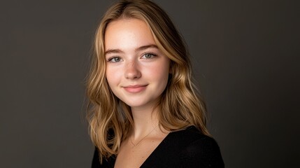 Fototapeta premium A young woman with blonde hair smiles warmly against a dark backdrop, showcasing natural beauty and confidence.