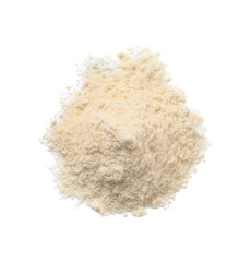 Heap of coconut flour isolated on white, top view