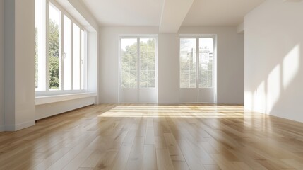 Fototapeta premium Bright and spacious room with large windows and wooden floor, perfect for interior design and home staging.