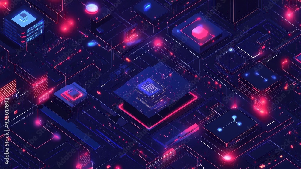 Poster abstract cyberpunk background with glowing neon lines and geometric shapes.