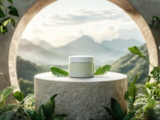 Elegant Hair Care Jar on Stone Podium with Natural Ingredients, Surrounded by Green Foliage and Serene Mountain View. Premium Quality and Freshness in a Close-up Product Shot.
