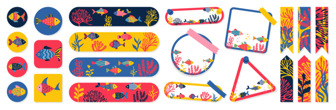 Bookmark and sticker stationery set with underwater fish design. Paper book mark template sticky patch. Badge sea design for notepad reminder with ocean coral reef. Marine isolated vector illustration