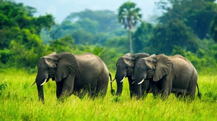 Fototapeta premium A serene image of elephants grazing peacefully in a lush green landscape under a clear sky.
