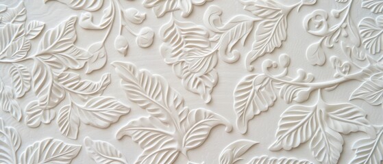 Intricate white leaf pattern design on textured wall, perfect for interior decor or artistic backgrounds.