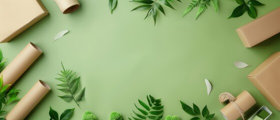 Nature-inspired flat lay featuring green leaves and eco-friendly packaging on a soft green background, perfect for sustainable themes.