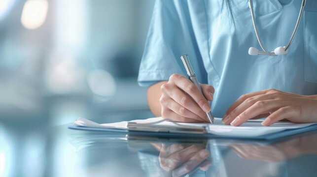 Healthcare professional writing notes with a pen, ensuring accurate documentation in a clinical setting.