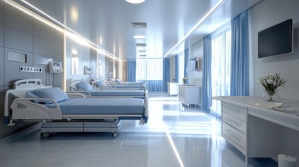 A modern hospital room featuring clean beds, bright lighting, and a calming atmosphere for patient recovery.