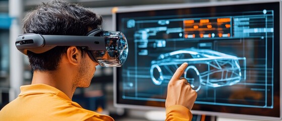 A man using virtual reality headset to design a futuristic car on a digital screen in a modern workspace.