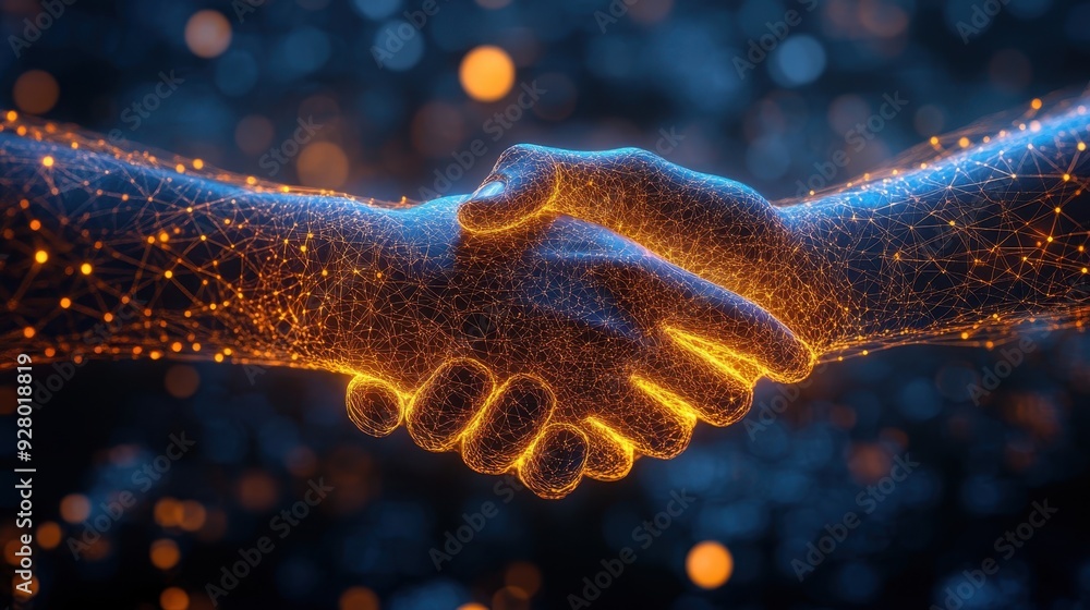 Poster a digital handshake representing trust, with layers of encryption and cybersecurity symbols