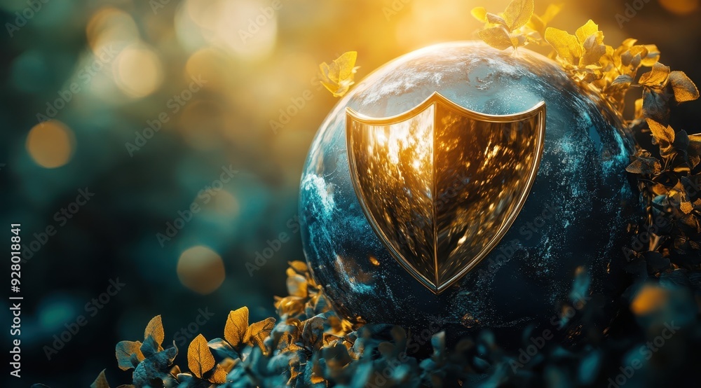 Poster a globe with the shape of an open shield on it, representing global security and protection against 