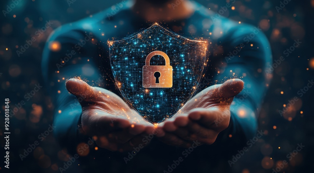 Poster a man holding a digital padlock and shield icon with a virtual screen on his hand, representing the 