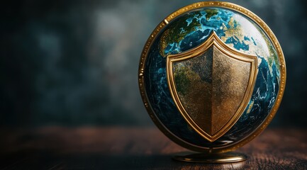 A globe with the Earth's land masses in green and blue, on top of which is an elegant golden shield, representing global security. 