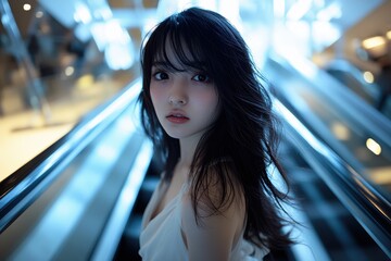 A stunning girl in a white dress poses by an escalator, with perfect lighting capturing her elegant stance and direct gaze.