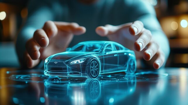A person holding their hands over an ethereal car model on the table, symbolizing protection and security in modern automotive insurance services for new vehicles. 