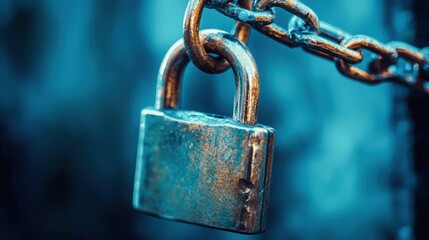 A close-up shot of a rusty padlock attached to a chain, symbolizing security, protection, and safeguarding important items.