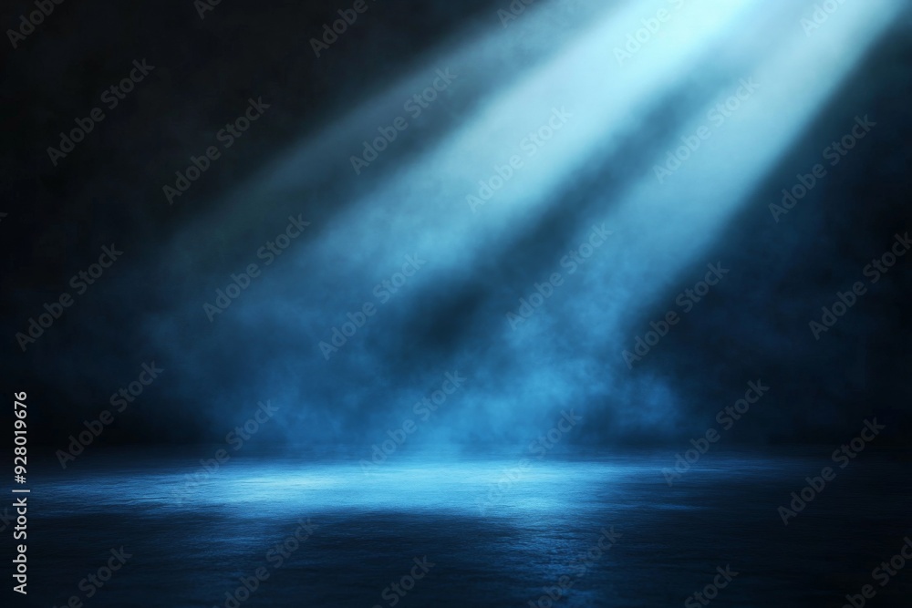 Poster abstract blue light rays illuminating foggy dark space with spotlight on empty asphalt floor, creati