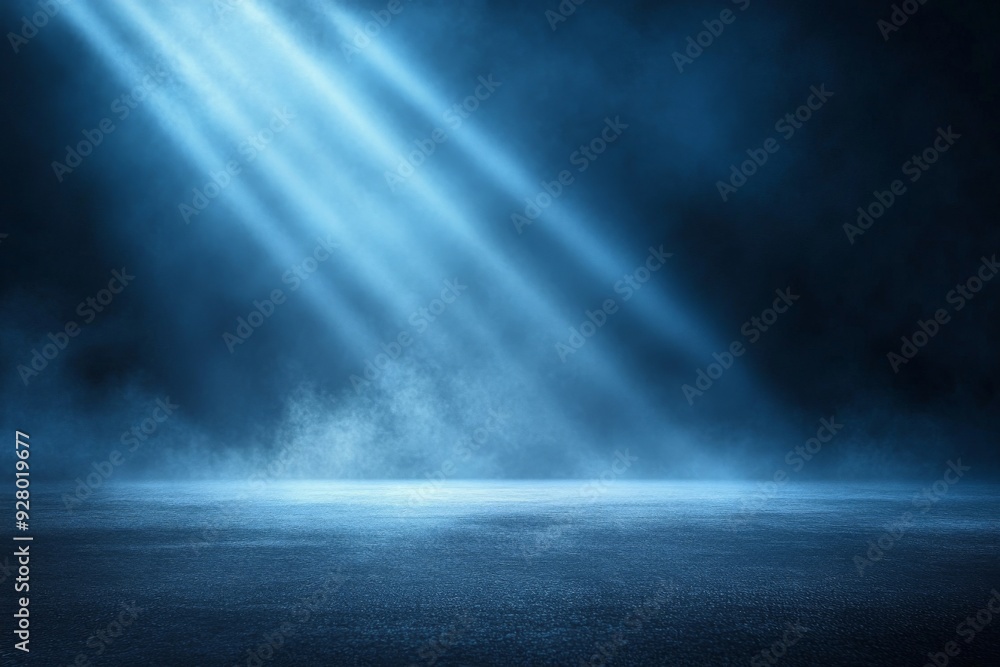 Poster abstract blue light rays illuminating foggy dark space with spotlight on empty asphalt floor, creati