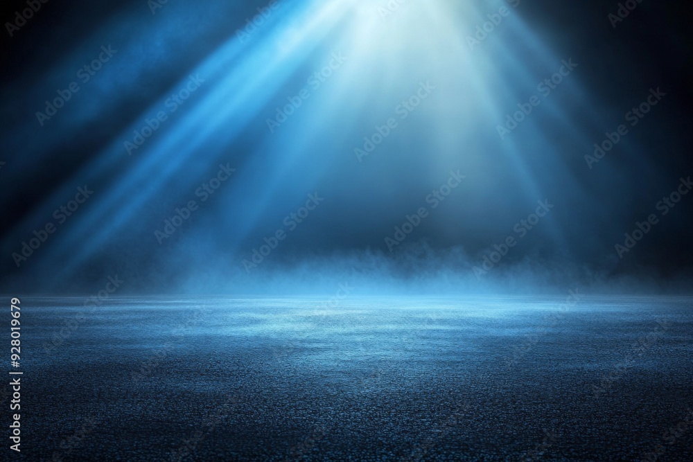 Poster abstract blue light rays illuminating foggy dark space with spotlight on empty asphalt floor, creati