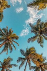 Naklejka premium Tropical low-angle shot of palm trees against a clear blue sky, capturing the serene and relaxing vibes of a sunny day in paradise.