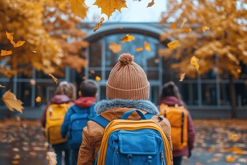 Little kids schoolchildren pupils students running hurrying to the school building for classes