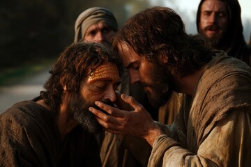 Fototapeta premium Compassionate miracle: Jesus Christ restores sight to blind man, demonstrating divine love, power, moment of profound faith, healing that transforms life through touch of Savior’s hand.