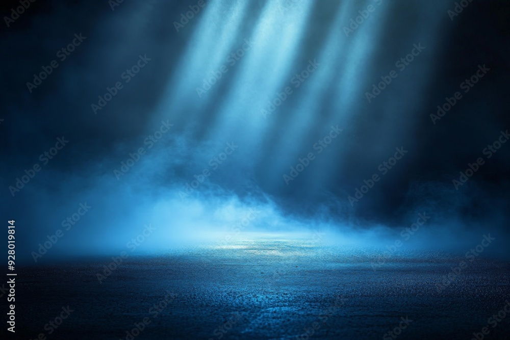 Poster abstract blue light rays illuminating foggy dark space with spotlight on empty asphalt floor, creati