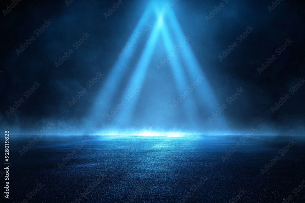 Poster abstract blue light rays illuminating foggy dark space with spotlight on empty asphalt floor, creati